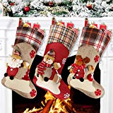 Aitey Christmas Stocking, 18″ Set of 3 Santa, Snowman, Reindeer, Xmas Character 3D Plush with Faux Fur Cuff Christmas Decorations and Party Accessory (Short Hat2)